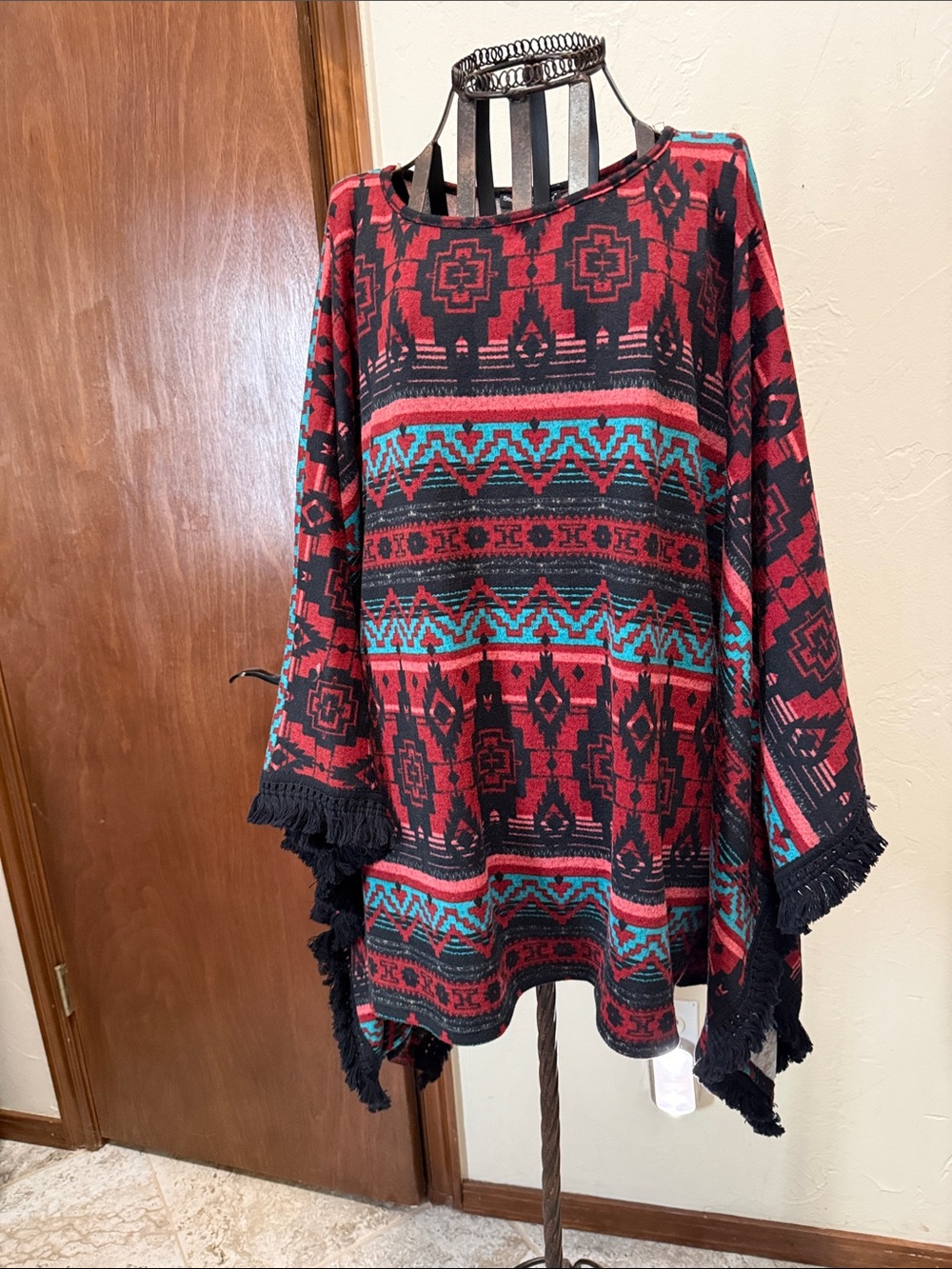 See You Monday Red, Black & Teal Aztec Fringe Poncho